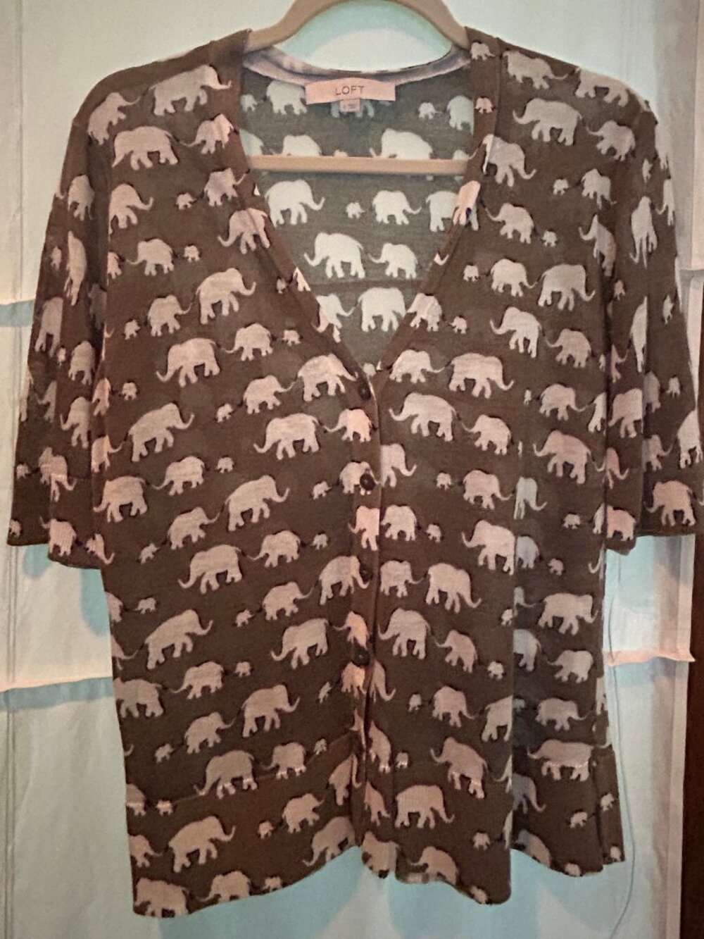 LOFT elephant short sleeve cardigan, Size L, Ramie/Rayon, Olive Green, V neck